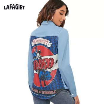 Женская Весенняя джинсовая куртка, модная джинсовая черная однобортная Свободная куртка с принтом и лацканами, Женская куртка с длинным рукавом