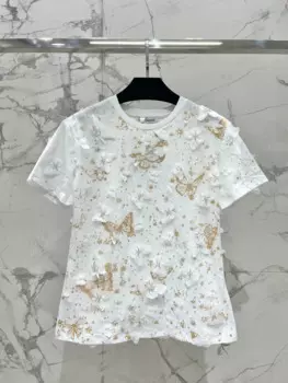 Женская Весенняя футболка с вышивкой, коротким рукавом и бусинами