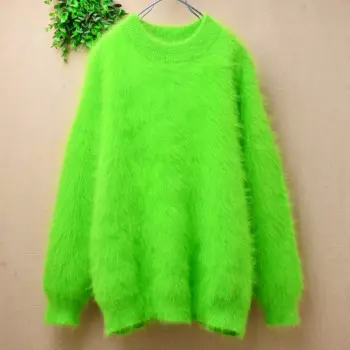 Женская весенне-зимняя одежда из зеленой шерсти норки и кашемира, вязаный Свободный пуловер с круглым вырезом и длинными рукавами, джемпер из ангоры