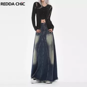 Женская винтажная джинсовая юбка макси REDDACHiC в стиле пэчворк, потертая юбка с высокой талией, трапециевидная длинная джинсовая юбка в стиле Харадзюку, уличная одежда Y2k