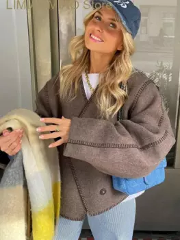 Женская винтажная короткая куртка-бомбер с длинным рукавом и V-образным вырезом