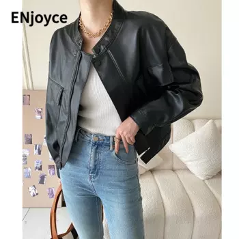 Женская винтажная куртка из искусственной кожи, Черная байкерская куртка на молнии с воротником-стойкой и пуговицами, весна-осень 2024, лонгслив женский, куртка бомбер женская