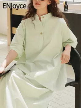 Женская винтажная рубашка с круглым вырезом ENjoyce, Повседневная Уличная блузка свободного покроя с короткими рукавами в Корейском стиле, лето 2024, рубашки с коротким рукавом, белая женская рубашка