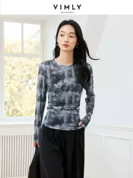 Женская винтажная Сетчатая футболка VIMLY, приталенная Повседневная офисная блузка с принтом чернил и завязкой, осенняя рубашка с круглым вырезом и длинным рукавом