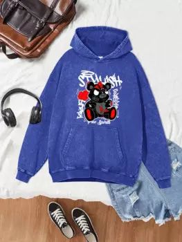 Женская винтажная толстовка с принтом плюшевого мишки в стиле граффити, осенняя теплая хлопковая одежда, модная удобная универсальная толстовка с капюшоном