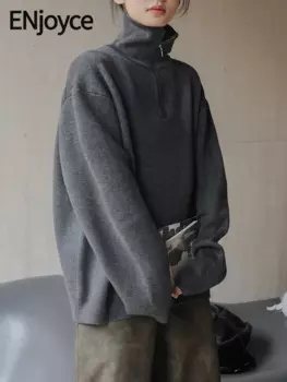 Женская водолазка на молнии ENjoyce, винтажный шерстяной вязаный пуловер, свободный свитер в Корейском стиле, зима 2023