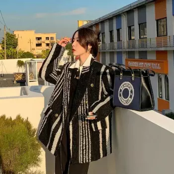 Женская жаккардовая куртка, твидовая винтажная куртка в полоску, верхняя одежда на осень и зиму, 2023