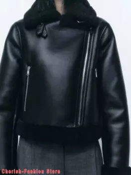 Женская зимняя куртка из искусственной кожи, с мехом