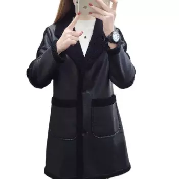 Женская зимняя куртка из искусственной кожи, с V-образным вырезом