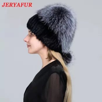 Женская зимняя меховая шапка JERYAFUR, вязаные шапки из натурального меха норки и лисы с помпоном и шариками, Стильные теплые модные шапки для девочек