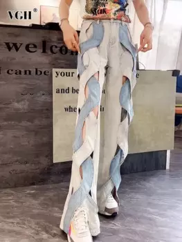 Женские ажурные джинсы VGH, повседневные свободные широкие брюки с высокой талией, с карманами, лето