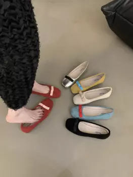 Женские балетки IPPEUM на плоской подошве с голубым бантом и круглым носком, летняя обувь 2024, новые женские балетные туфли