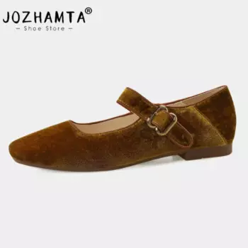 Женские бархатные балетки JOZHAMTA, балетки из мягкой кожи на низком каблуке, с ремешком и пряжкой, размеры 34-39, 2025