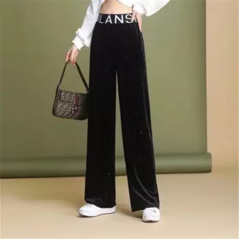 Женские бархатные широкие брюки с блестками Новинка Осень 2021 яркие шелковые прямые брюки полной длины с высокой талией и принтом букв