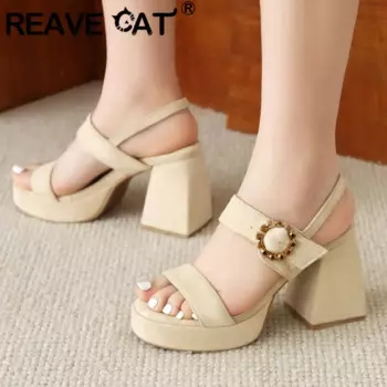 Женские босоножки из флока REAVE CAT, весенние босоножки на массивном высоком каблуке 9 см, платформа 32, 33, большой размер 45, 46, замшевые босоножки с ремешком и пряжкой