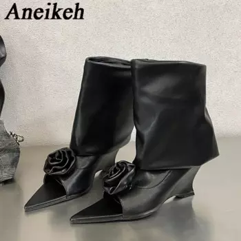 Женские босоножки с острым носком Aneikeh, летние однотонные Босоножки с открытым носком и цветами, женские джинсовые высокие ботинки до середины икры, модель 2020 года