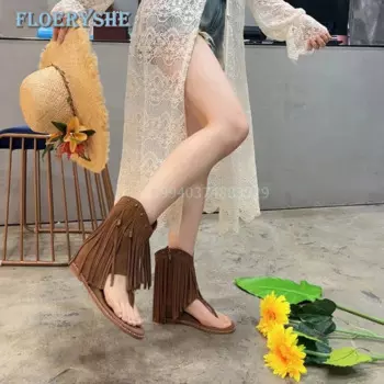 Женские босоножки с разрезами на носках и кисточками, увеличенные Летние босоножки, новинка 2024, римские сандалии в ретро стиле, ковбойские босоножки на танкетке
