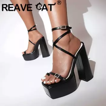 Женские босоножки с застежкой REAVE CAT, праздничные босоножки на массивном каблуке 14,5 см и платформе 4,5 см, праздничные босоножки больших размеров 42 43