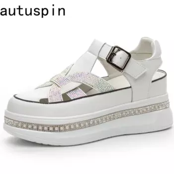 Женские босоножки в римском стиле Autuspin, летние сандалии с украшением из хрустального жемчуга и круглым носком, женские босоножки на танкетке и высоком каблуке