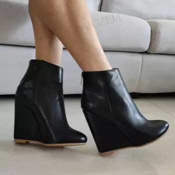 Женские ботильоны на танкетке SEIIHEM, короткие ботинки из искусственной кожи на танкетке с застежкой-молнией сзади, женская обувь с круглым носком, большие размеры 41 46 50 52