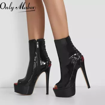 Женские ботильоны с открытым носком Onlymaker, ботильоны на платформе и тонком высоком каблуке, со шнуровкой и боковой молнией, пикантные женские ботинки большого размера с открытым носком