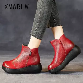 Женские ботильоны XMWRLW из натуральной кожи в стиле ретро, женская обувь ручной работы, женская обувь на высоком каблуке и танкетке, женские ботильоны