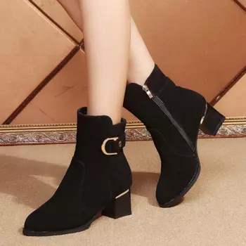 Женские ботинки с острым носком Fad, новые женские ботинки из флока, кожаные ботильоны с квадратным высоким каблуком