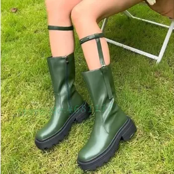 Женские ботинки с Т-образным носком, сапоги до середины икры, на толстой подошве, с пряжкой, на блочном каблуке, в британском стиле, зеленые