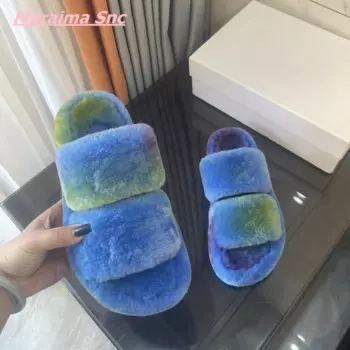 Женские брендовые меховые тапочки, модные однотонные удобные фланелевые роскошные кожаные уличные тапочки на толстой подошве с круглым носком, лето 2022