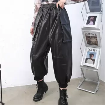 Женские брюки из ПУ кожи, модные новые свободные повседневные брюки с высокой талией и большими карманами