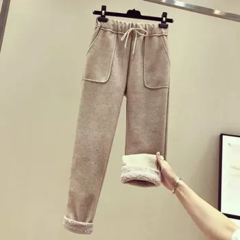Женские брюки с флисовой подкладкой из ягненка, зимние теплые плотные брюки с высокой талией и карманами на шнурке, повседневные шаровары, термобелье