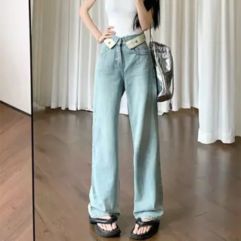 Женские Брюки с карманами, синие прямые женские джинсы с высокой талией, стильные мешковатые брюки Y2k Gyaru Xxl