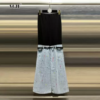 Женские Брюки с карманами VGH, повседневные свободные брюки с высокой талией, в стиле пэчворк, джинсовые минималистичные брюки с широкими штанинами