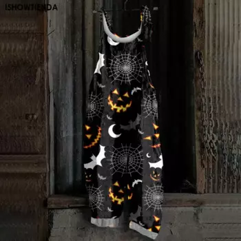 Женские брюки с широкими штанинами на Хэллоуин, осенняя уличная одежда, повседневные свободные женские комбинезоны с открытой спиной и цветочным принтом