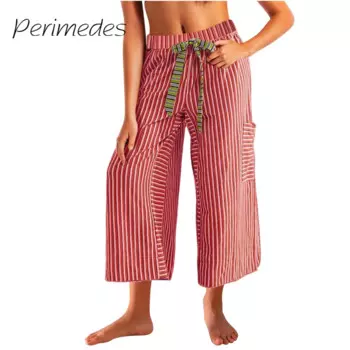 Женские брюки с широкими штанинами, свободные брюки с принтом в полоску на завязках, удобные повседневные брюки с высокой эластичной талией и карманами