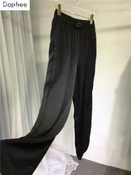 Женские брюки со стразами, Новинка лета 2023, подходящие ко всему брюки с широкими штанинами и высокой талией, черные крутые прямые брюки в пол