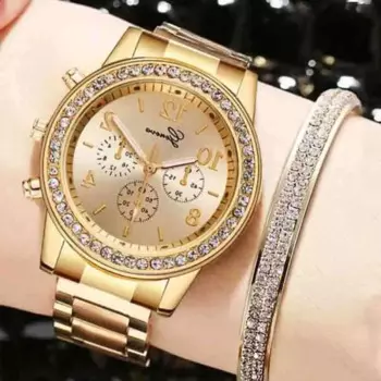 Женские часы + браслет для женщин 2 шт./компл. браслет часы для женщин Кристальные Роскошные простые золотые часы ювелирные изделия женские часы