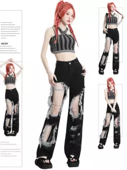 Женские черные готические рваные джинсы Harajuku Y2k мешковатые джинсовые брюки в японском стиле 1920-х годов джинсовые брюки оверсайз винтажная одежда