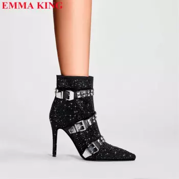 Женские черные мотоциклетные ботинки из флока с кристаллами, ремешок с пряжкой, женские ботильоны на высоком каблуке, 2023