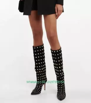 Женские черные замшевые сапоги Стразы Дизайнерские Сапоги с Блестками Дизайнерские Сапоги для вечеринки повседневные сапоги на высоком каблуке сапоги размер 46