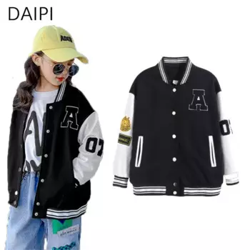 Женские детские куртки для девочек, пальто в полоску с буквенным принтом медведя, новинка 2023, модная бейсбольная Детская куртка, одежда для девочек