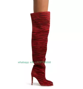 Женские Дизайнерские Сапоги выше колена с красным принтом, осеннее платье, обувь на высоком каблуке, сапоги с острым носком, большой размер 46, замшевый дизайн