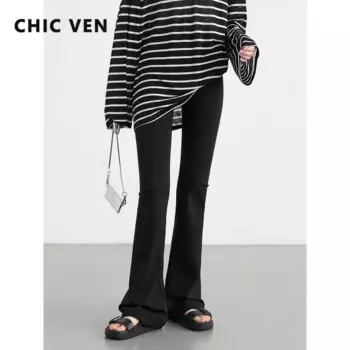 Женские длинные брюки-клеш, с высокой талией