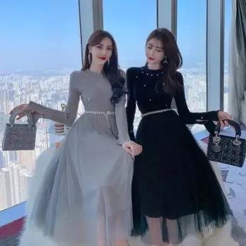 Женские длинные платья-свитеры, осенне-зимнее вязаное платье макси, модное Сетчатое длинное праздничное платье с бусинами