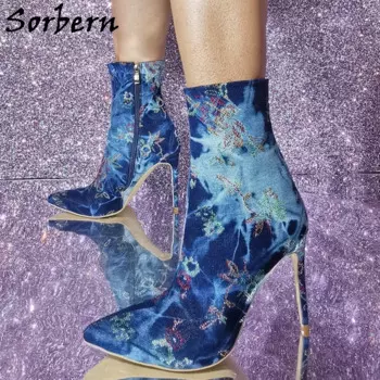 Женские джинсовые ботильоны на высоком каблуке, с блестками