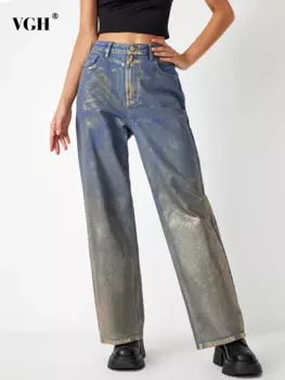 Женские джинсовые брюки до пола VGH, повседневные свободные прямые джинсы с высокой талией, уличная одежда