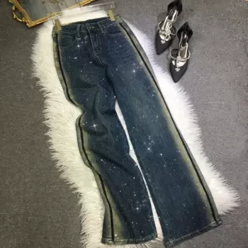 Женские джинсовые брюки с градиентом, подходящие ко всему длинные брюки со стразами, Стрейчевые прямые джинсы с высокой талией для весны и осени
