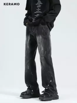 Женские джинсовые брюки в стиле ретро, черные брюки в американском стиле с высокой талией, повседневные брюки в стиле эмо