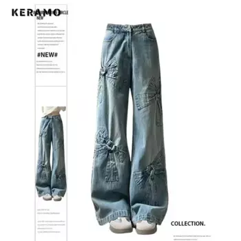 Женские джинсовые брюки Y2K, милые винтажные повседневные брюки в стиле 1920-х с эффектом потертости, брюки в японском стиле эмо с бантом, уличные джинсы в стиле ретро с завышенной талией