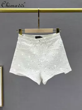 Женские джинсовые шорты, белые джинсовые шорты, женская летняя одежда, новинка 2024, модные облегающие эластичные брюки с завышенной талией в европейском стиле